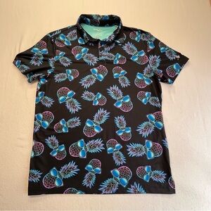 Birdie Bound Novelty Print Golf Polo Shirt Black Pineapples w/Sunglasses Men Med